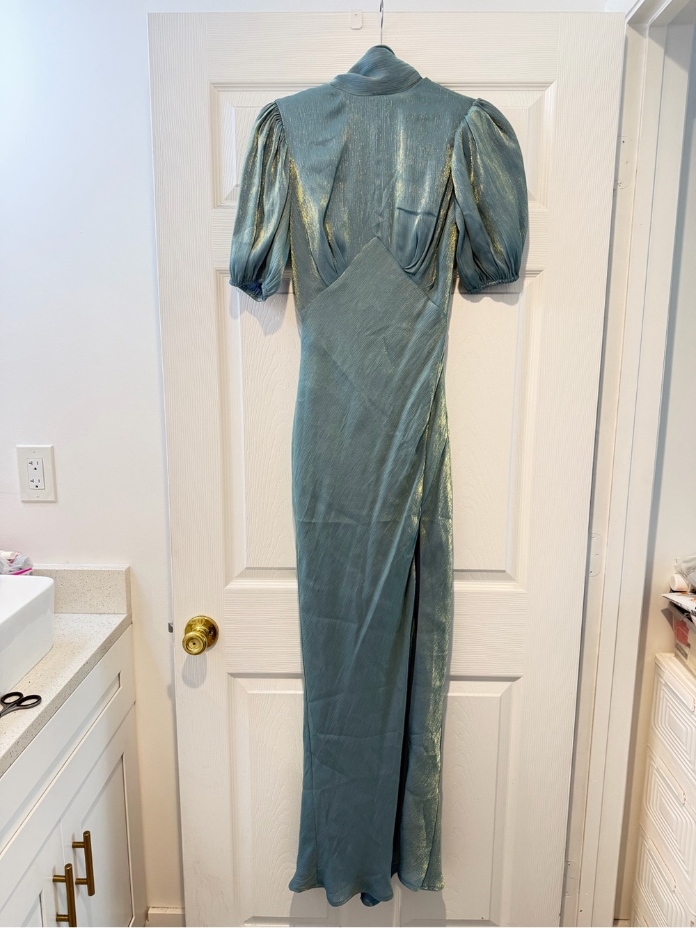 Lulu's Shimmery Teal Puff-Sleeve Maxi Dress